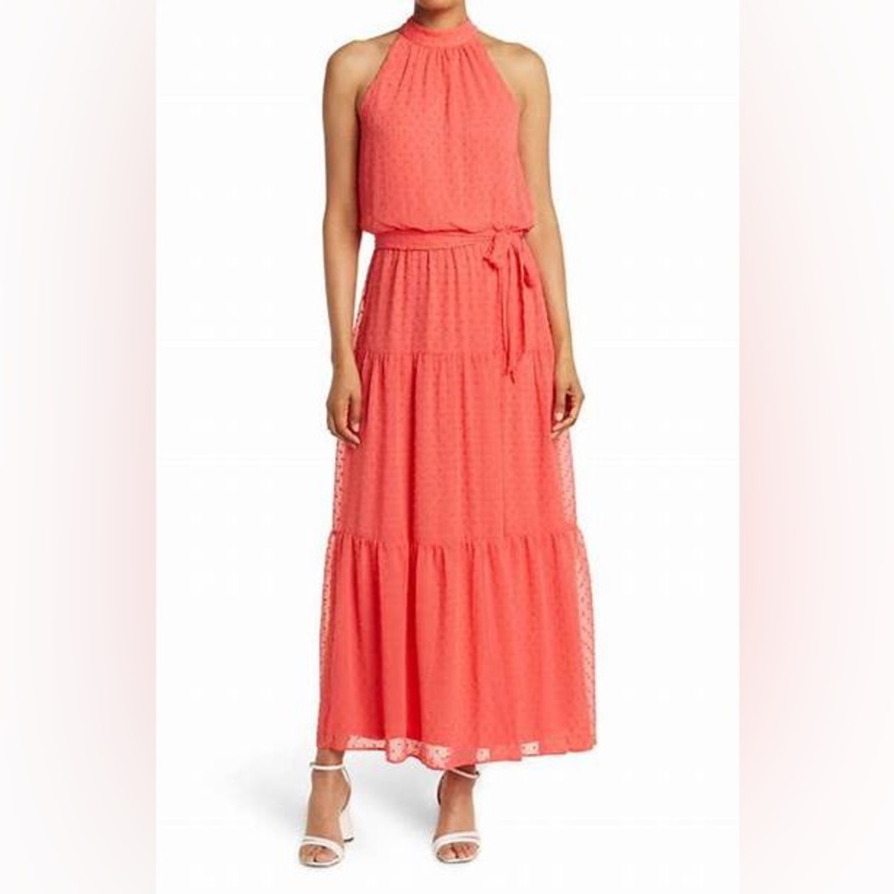 Julia Jordan Mock Neck Three Tier Maxi Dress in Hot Coral
